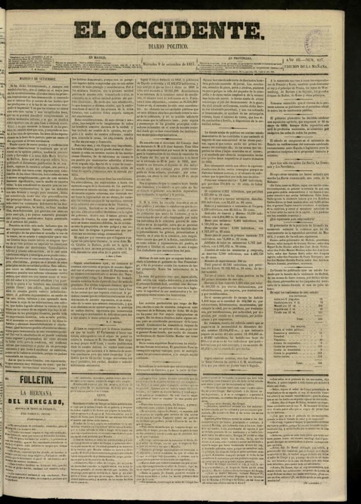 Miniatura de El Occidente: diario político del 9 de septiembre de 1857, nº 827