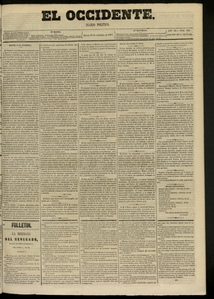 Miniatura de El Occidente: diario político del 10 de septiembre de 1857, nº 828