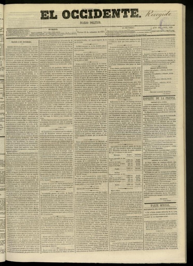 Miniatura de El Occidente: diario político del 11 de septiembre de 1857, nº 829. Recogido