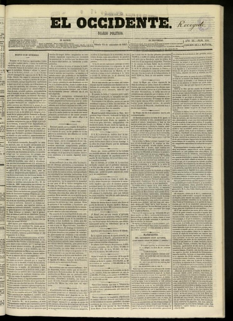 Miniatura de El Occidente: diario político del 12 de septiembre de 1857, nº 830. Recogido