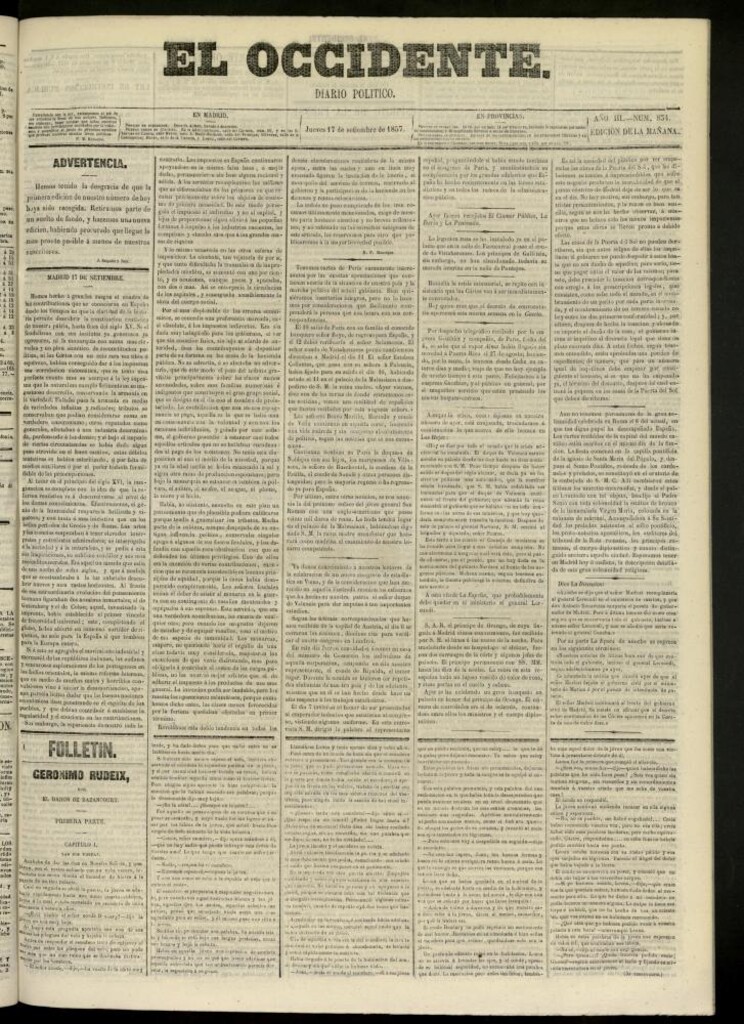 Miniatura de El Occidente: diario político del 17 de septiembre de 1857, nº 834