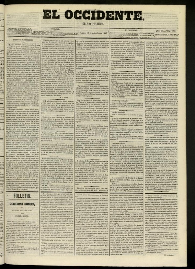 Miniatura de El Occidente: diario político del 18 de septiembre de 1857, nº 833 [sic]