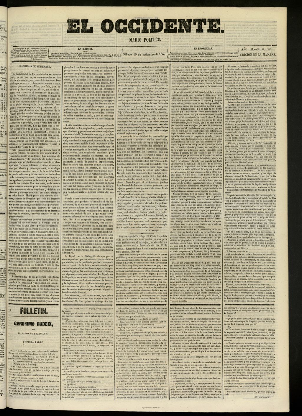 Miniatura de El Occidente: diario político del 19 de septiembre de 1857, nº 834 [sic]