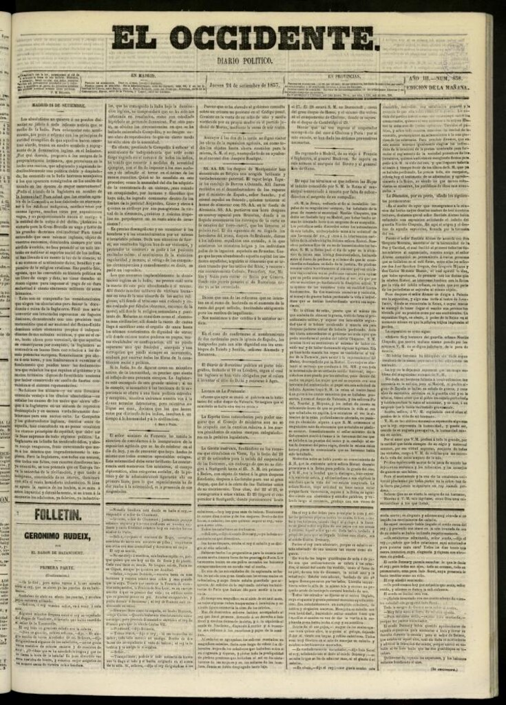 Miniatura de El Occidente: diario político del 24 de septiembre de 1857, nº 838