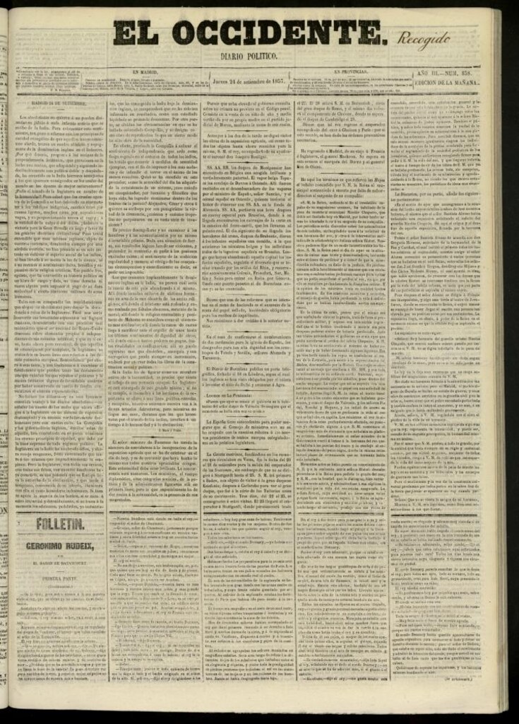 Miniatura de El Occidente: diario político del 24 de septiembre de 1857, nº 838. Recogido