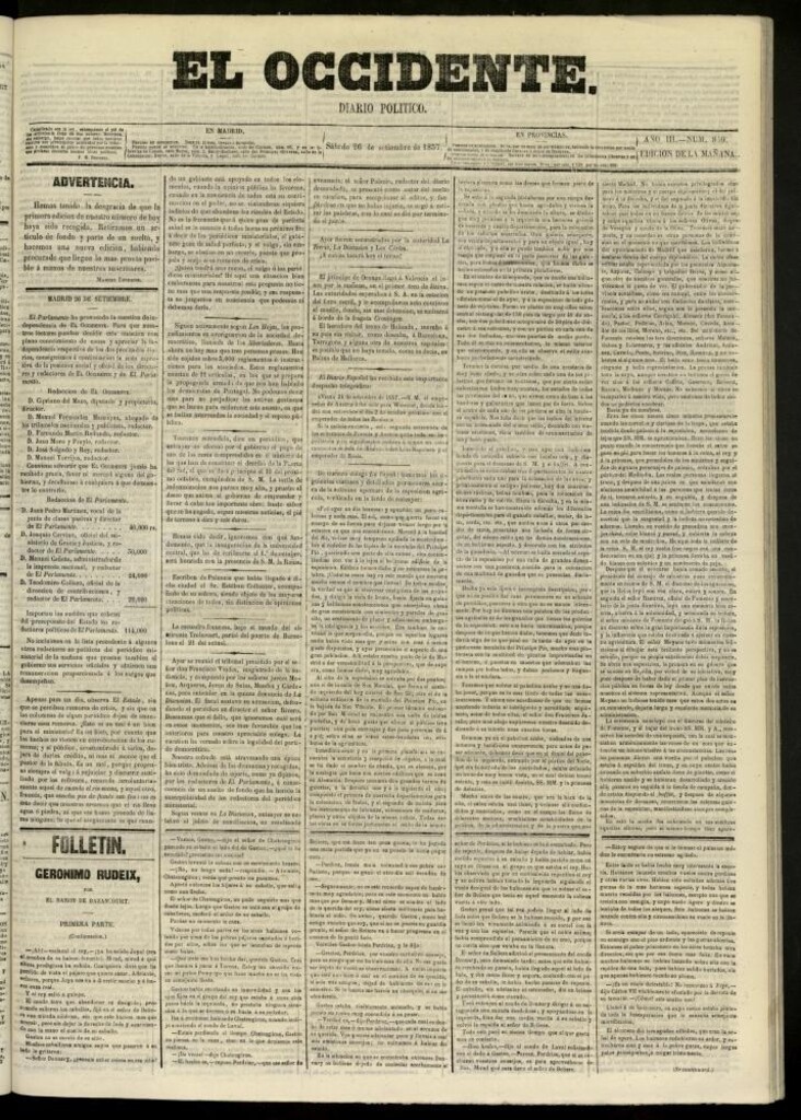 Miniatura de El Occidente: diario político del 26 de septiembre de 1857, nº 840