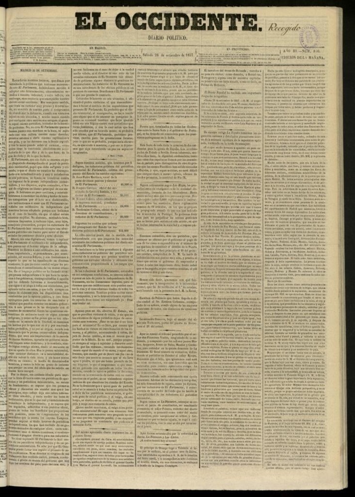 Miniatura de El Occidente: diario político del 26 de septiembre de 1857, nº 840. Recogido