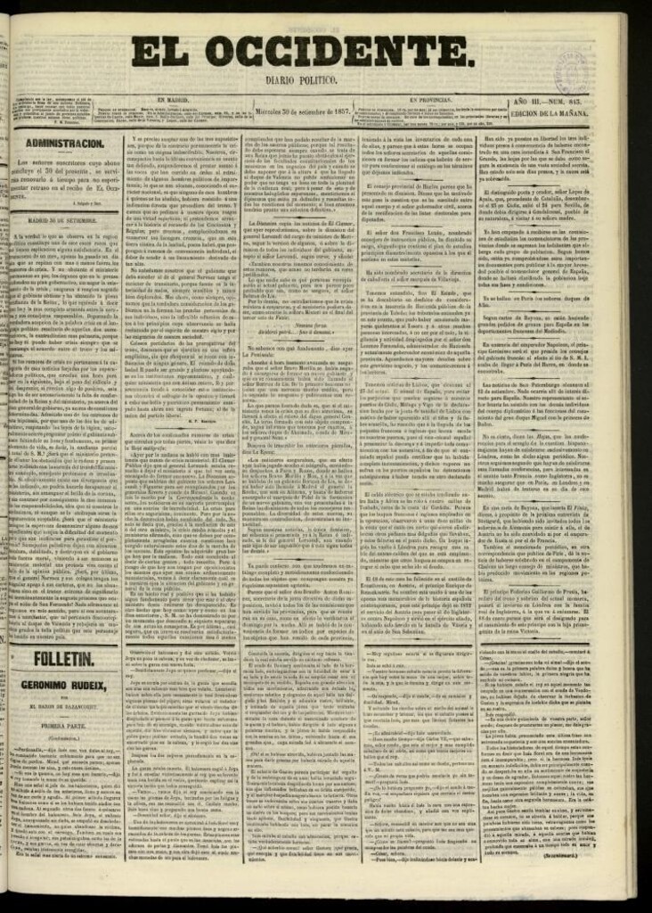 Miniatura de El Occidente: diario político del 30 de septiembre de 1857, nº 843