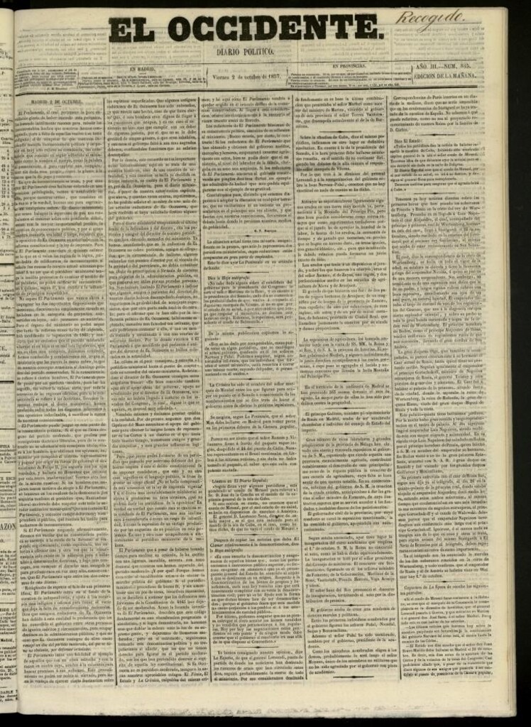 Miniatura de El Occidente: diario político del 2 de octubre de 1857, nº 845. Recogido