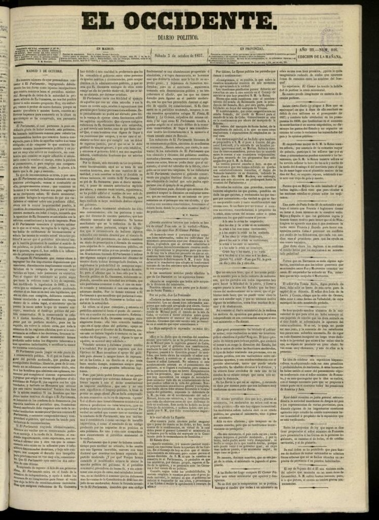 Miniatura de El Occidente: diario político del 3 de octubre de 1857, nº 846