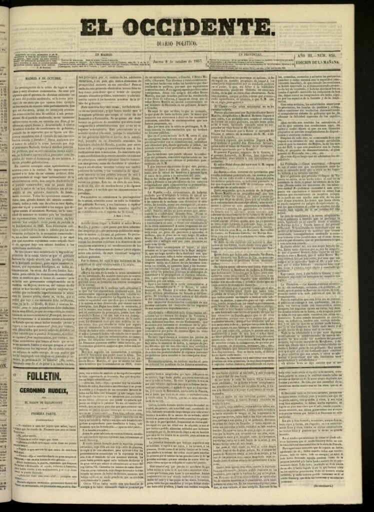 Miniatura de El Occidente: diario político del 8 de octubre de 1857, nº 850