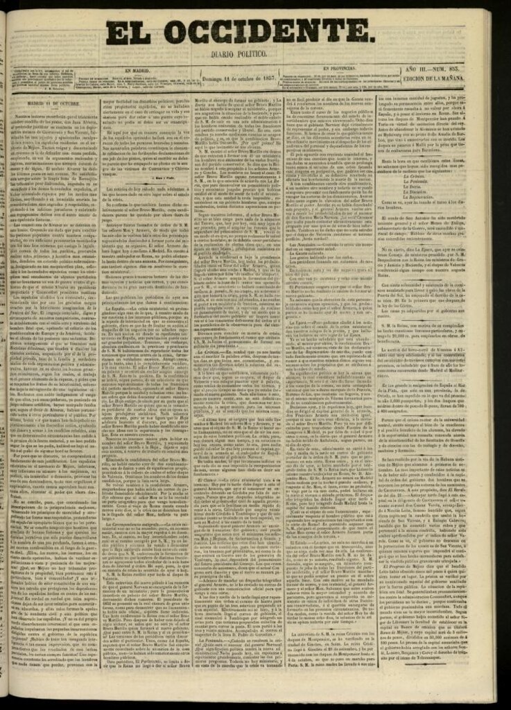 Miniatura de El Occidente: diario político del 11 de octubre de 1857, nº 853
