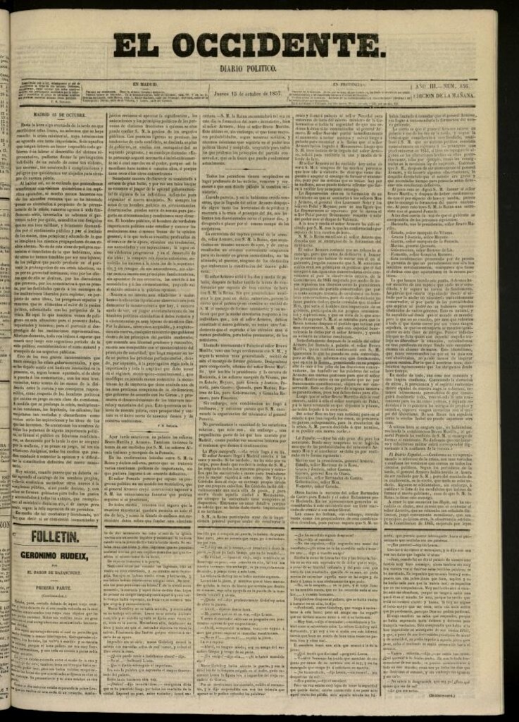 Miniatura de El Occidente: diario político del 15 de octubre de 1857, nº 856