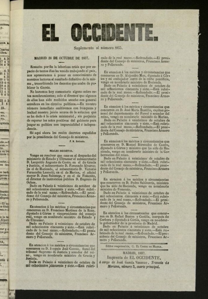 Miniatura de El Occidente: diario político del 26 de octubre de 1857, suplemento al nº 865