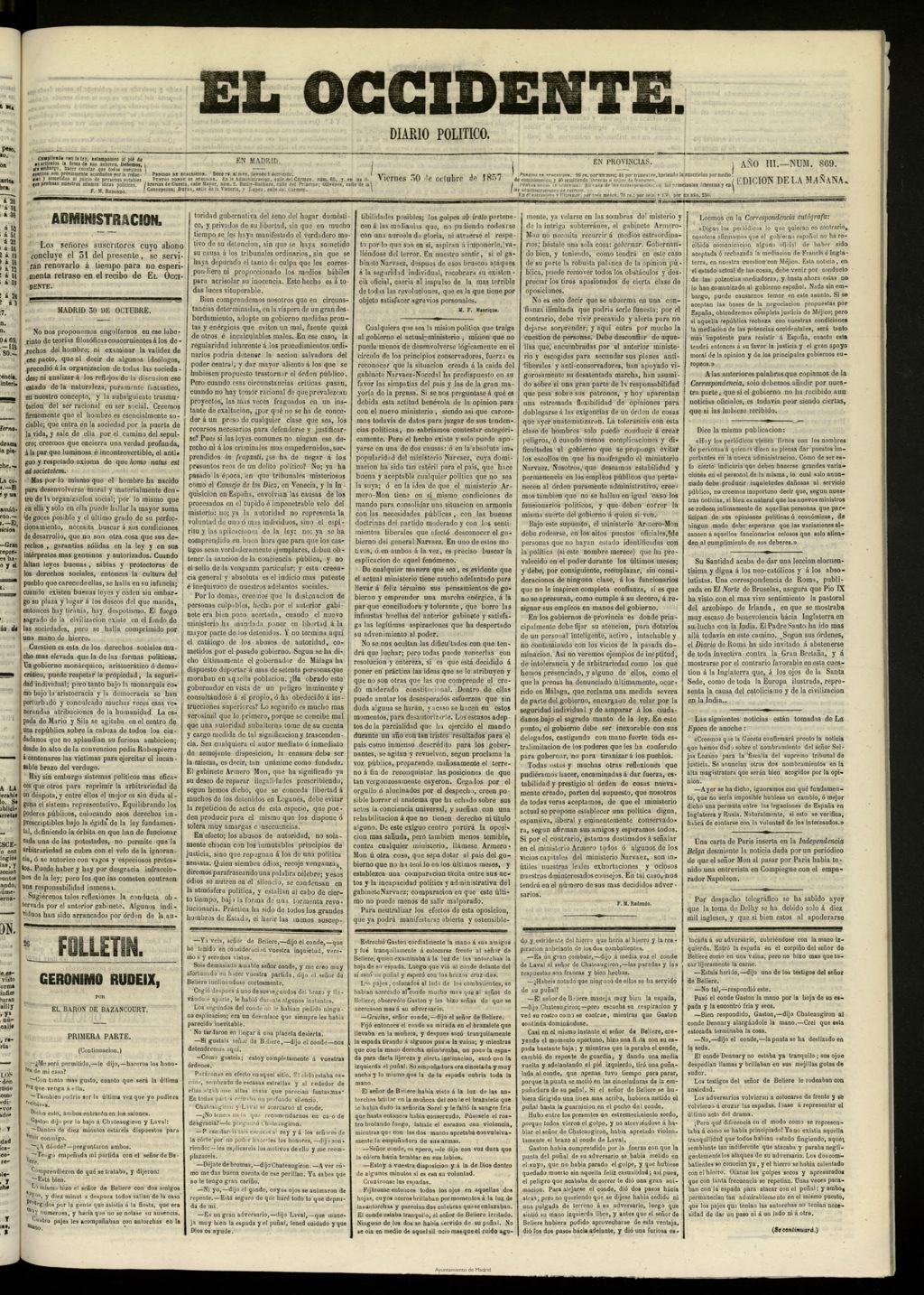Miniatura de El Occidente: diario político del 30 de octubre de 1857, nº 869