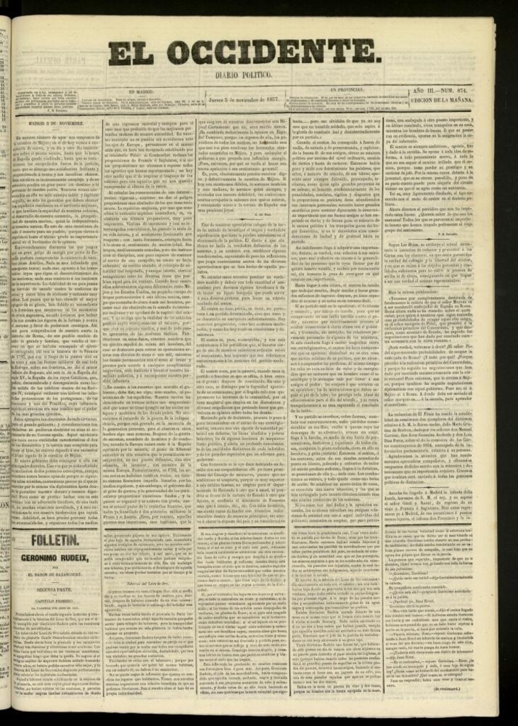 Miniatura de El Occidente: diario político del 5 de noviembre de 1857, nº 874