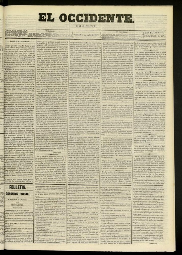 Miniatura de El Occidente: diario político del 6 de noviembre de 1857, nº 875