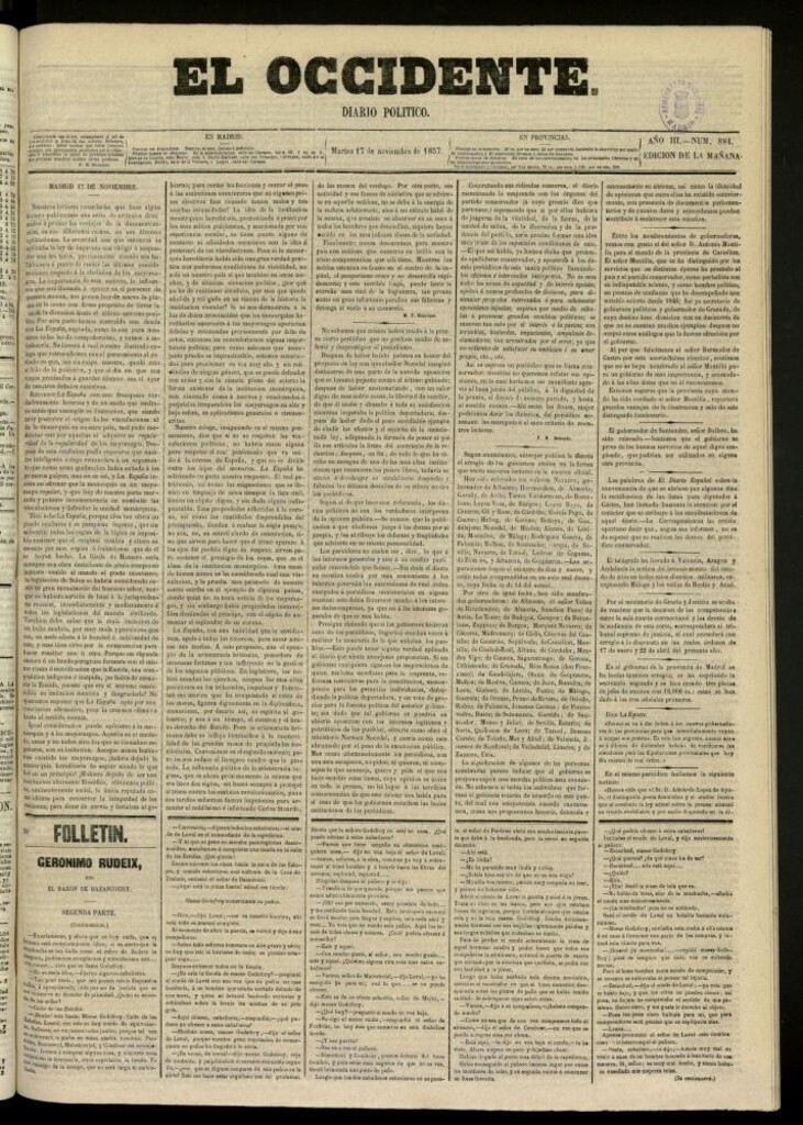 Miniatura de El Occidente: diario político del 17 de noviembre de 1857, nº 884