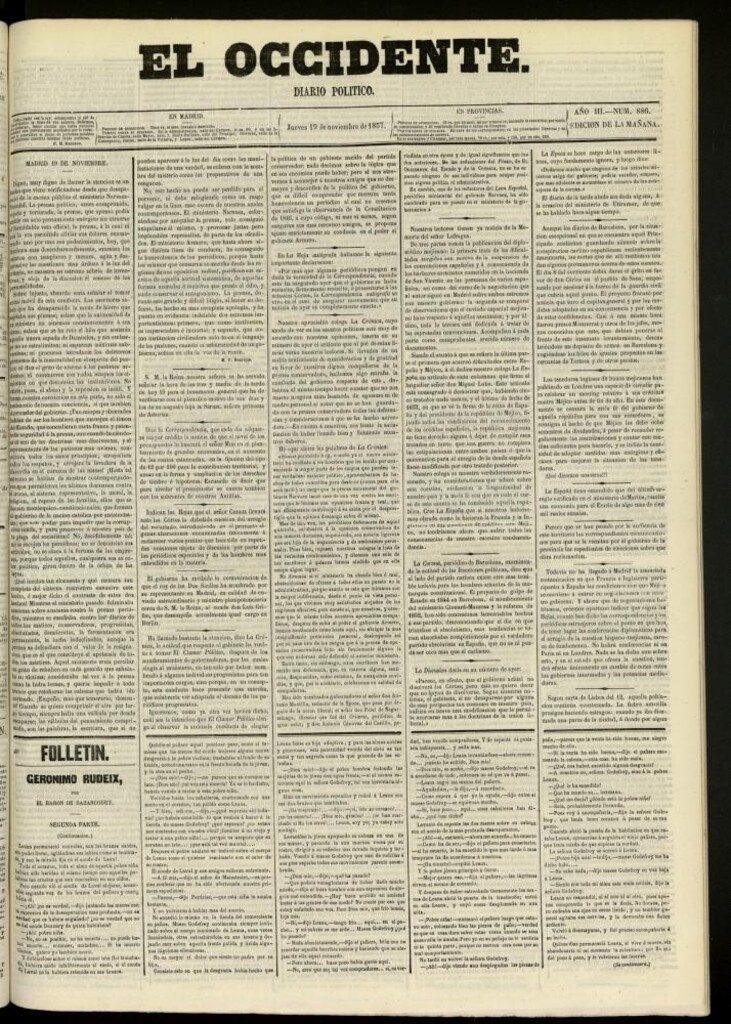 Miniatura de El Occidente: diario político del 19 de noviembre de 1857, nº 886
