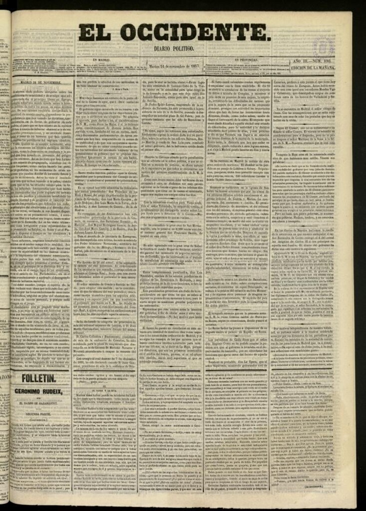 Miniatura de El Occidente: diario político del 24 de noviembre de 1857, nº 890