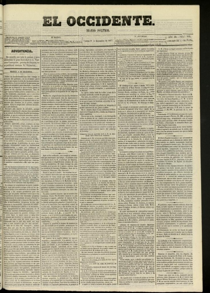 Miniatura de El Occidente: diario político del 8 de diciembre de 1857, nº 902