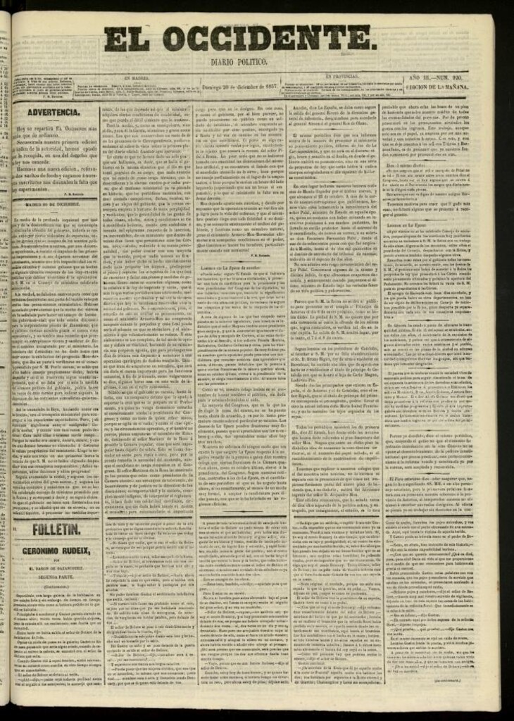 Miniatura de El Occidente: diario político del 20 de diciembre de 1857, nº 920