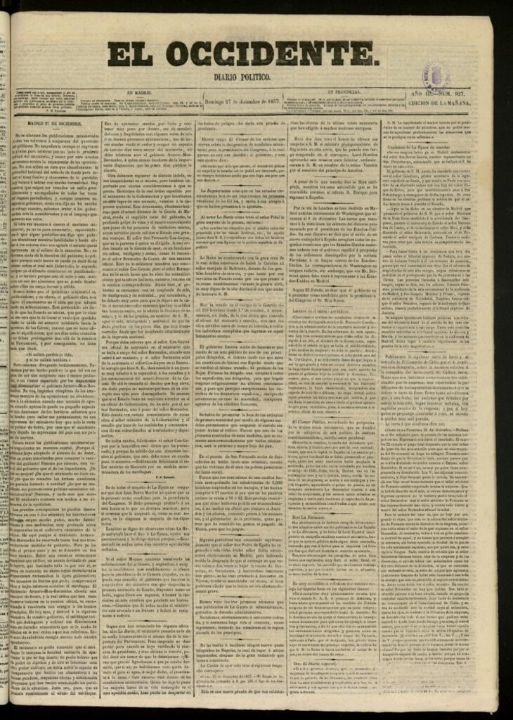 Miniatura de El Occidente: diario político del 27 de diciembre de 1857, nº 927