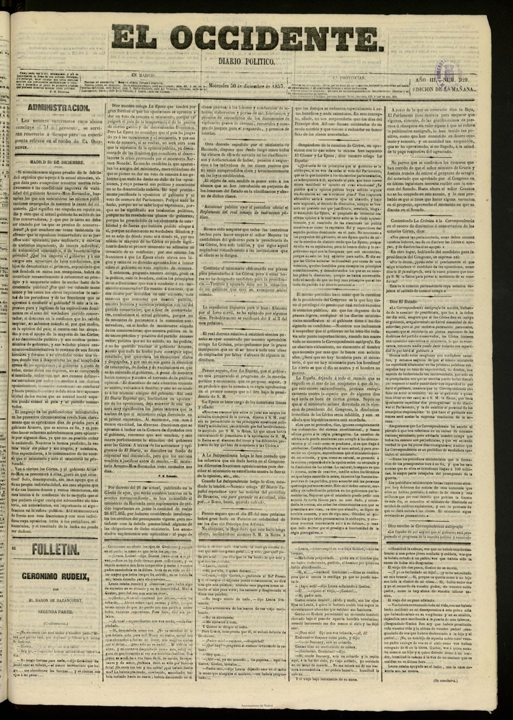 Miniatura de El Occidente: diario político del 30 de diciembre de 1857, nº 929