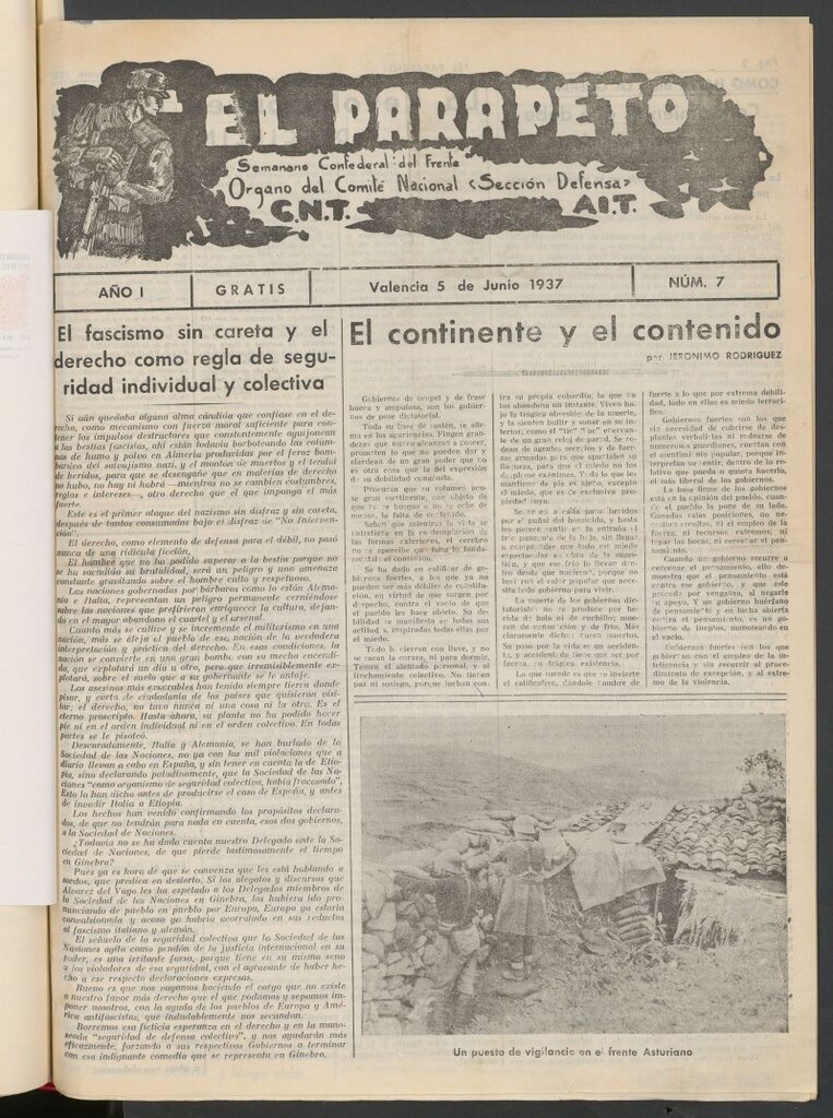 Miniatura de El parapeto : semanario confederal del frente. Órgano del Comité Nacional "Sección Defensa"