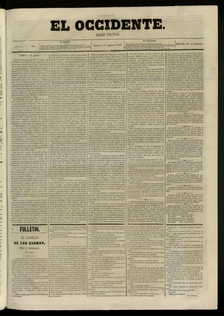 Miniatura de El Occidente: diario político del 1 de agosto de 1856, nº 481