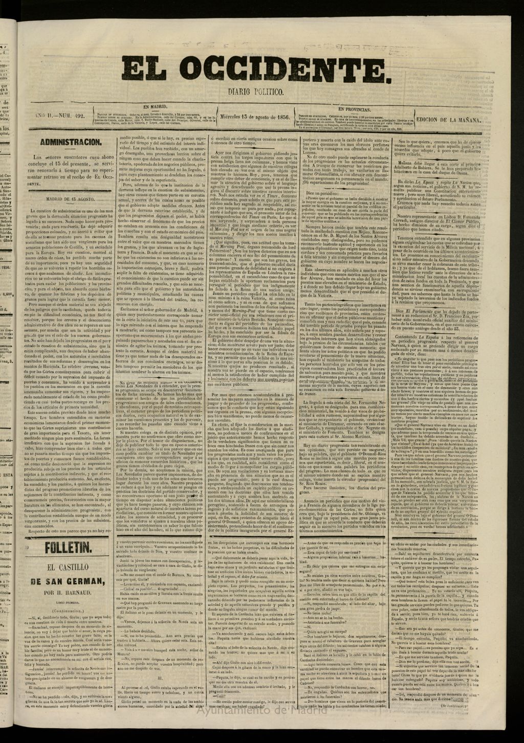 Miniatura de El Occidente: diario político del 13 de agosto de 1856, nº 492