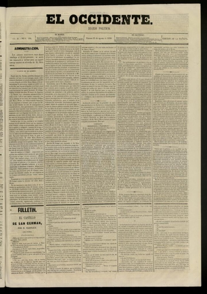Miniatura de El Occidente: diario político del 15 de agosto de 1856, nº 494