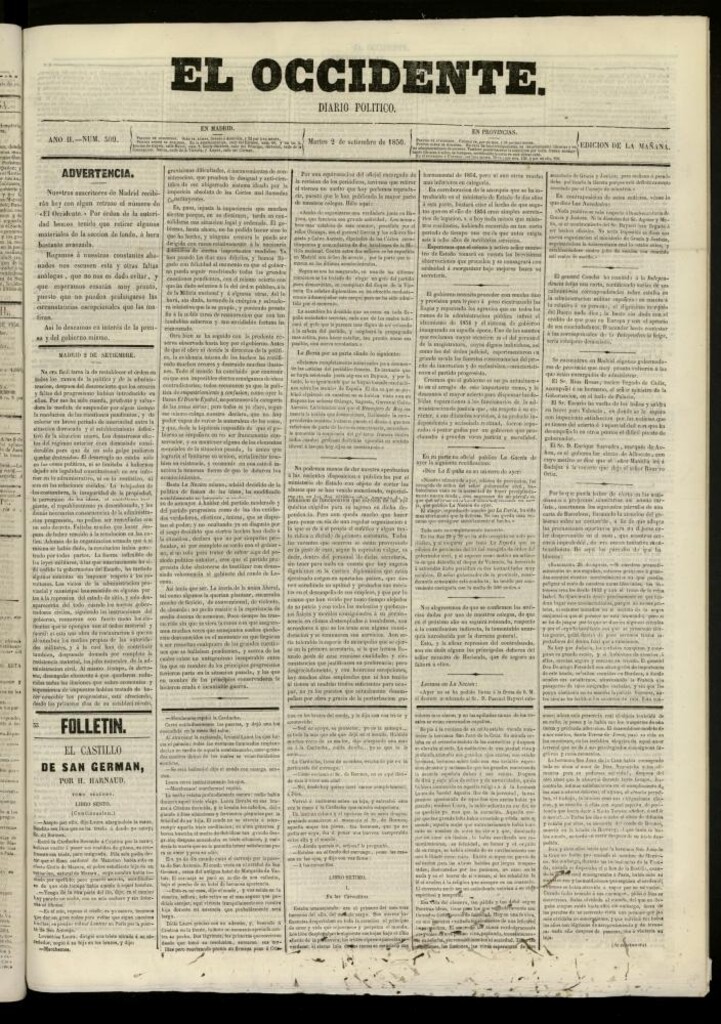 Miniatura de El Occidente: diario político del 2 de septiembre de 1856, nº 509