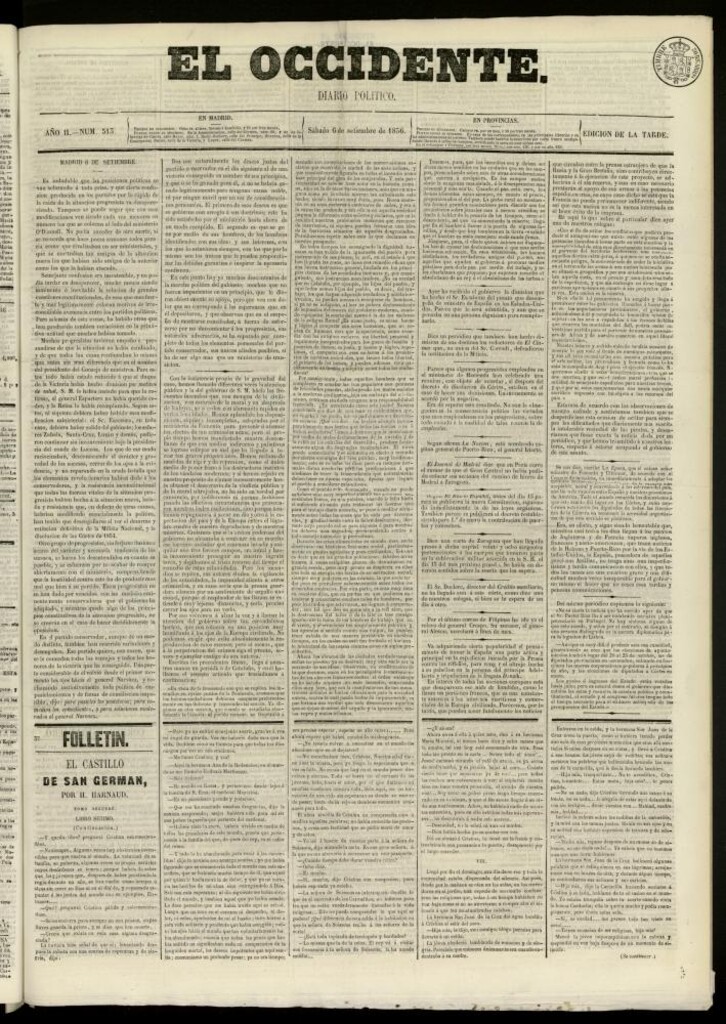 Miniatura de El Occidente: diario político del 6 de septiembre de 1856, nº 513