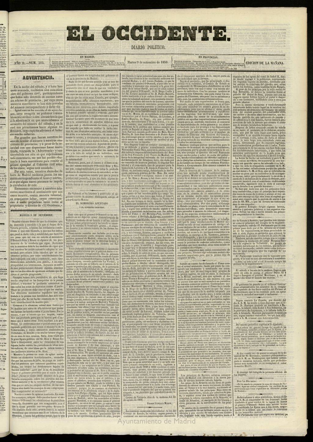 Miniatura de El Occidente: diario político del 9 de septiembre de 1856, nº 515