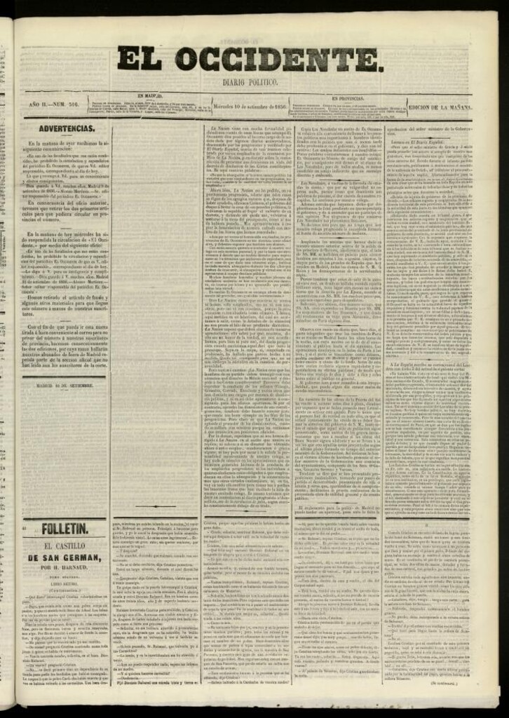 Miniatura de El Occidente: diario político del 10 de septiembre de 1856, nº 516