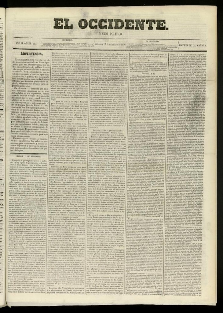 Miniatura de El Occidente: diario político del 17 de septiembre de 1856, nº 523 [sic]