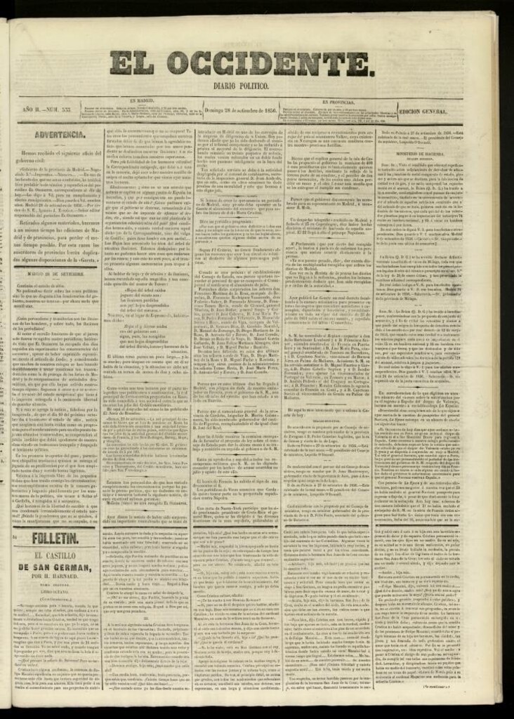 Miniatura de El Occidente: diario político del 28 de septiembre de 1856, nº 533