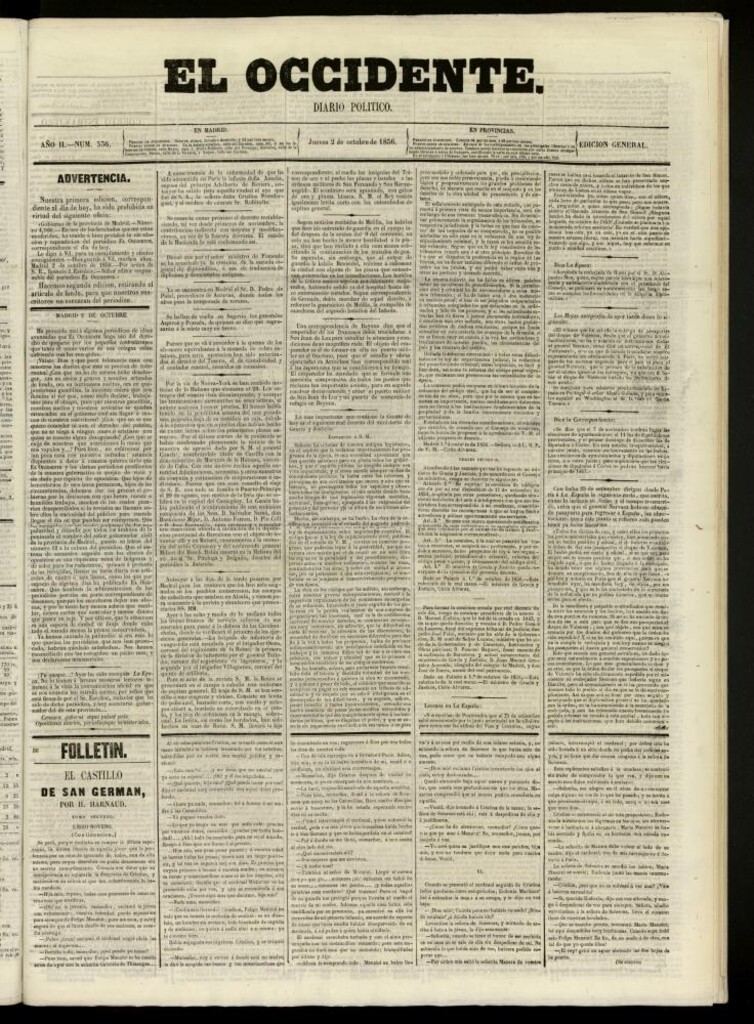 Miniatura de El Occidente: diario político del 2 de octubre de 1856, nº 536