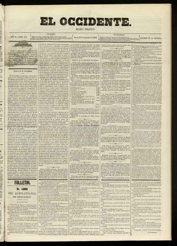 Miniatura de El Occidente: diario político del 20 de noviembre de 1856, nº 578