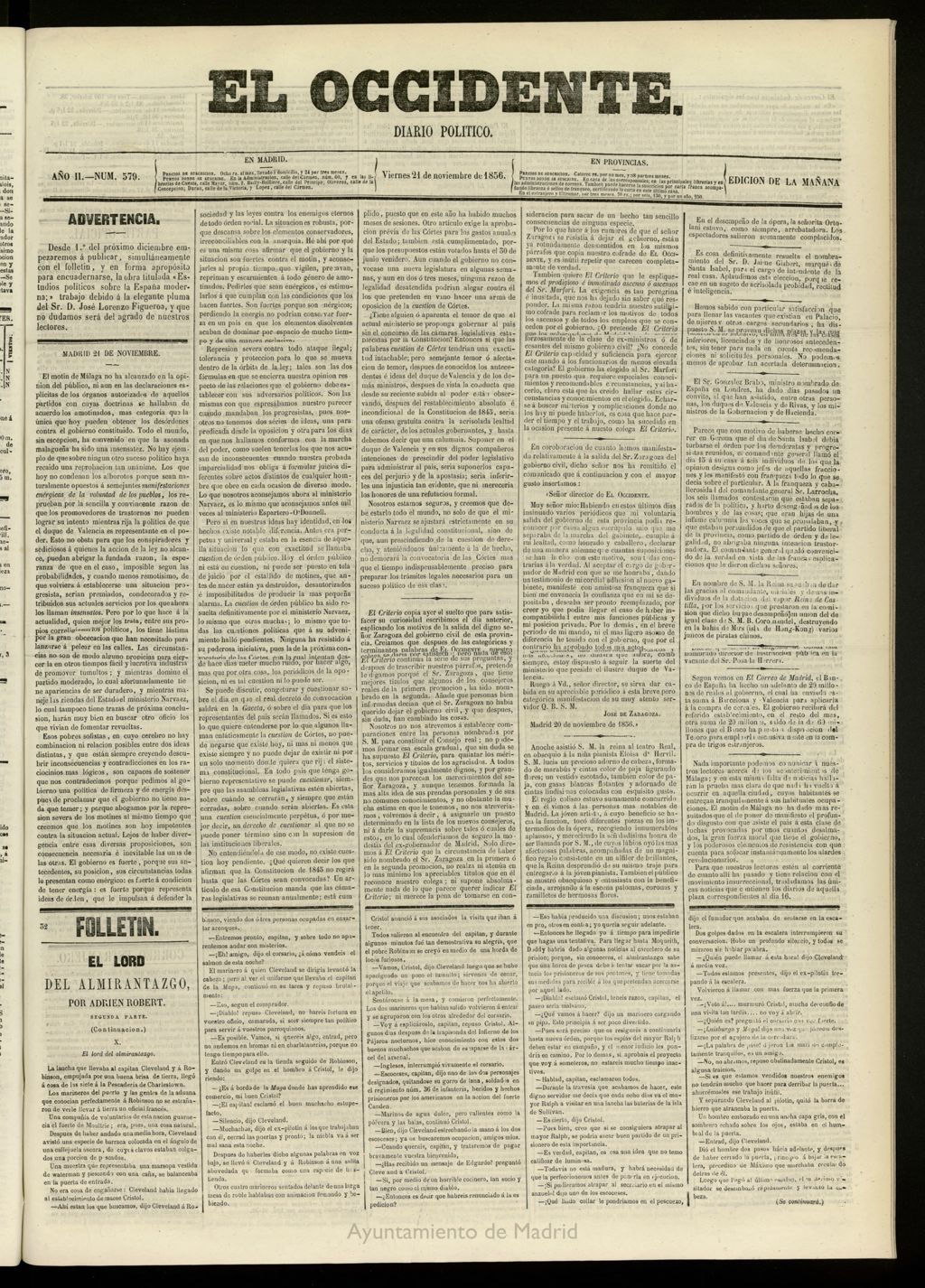 Miniatura de El Occidente: diario político del 21 de noviembre de 1856, nº 579