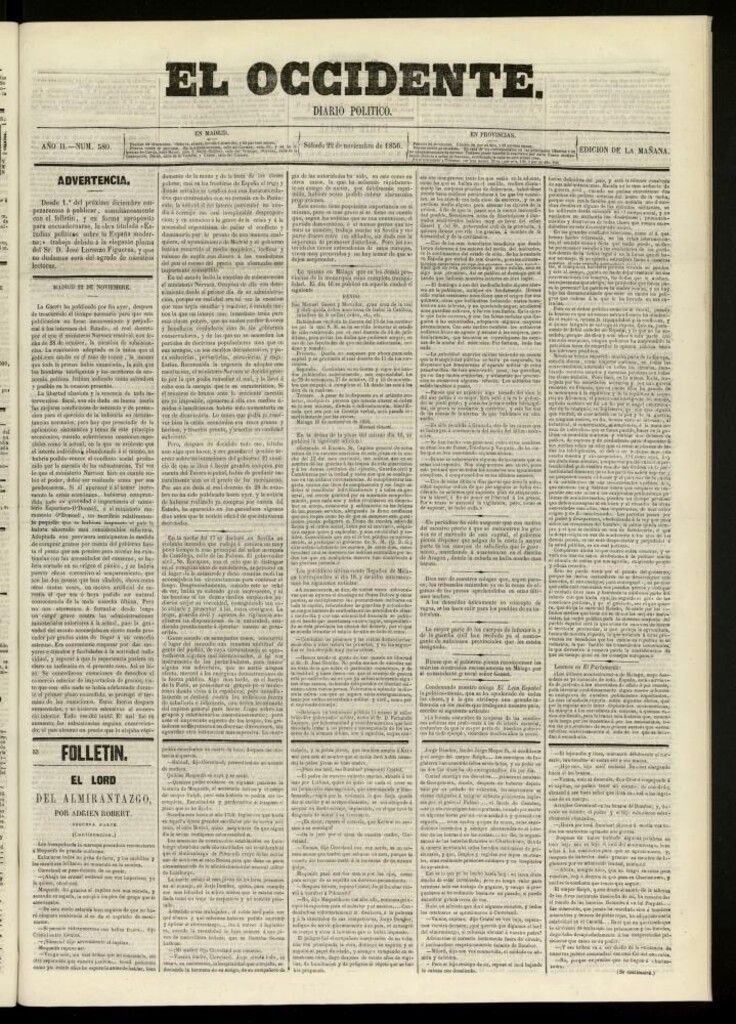 Miniatura de El Occidente: diario político del 22 de noviembre de 1856, nº 580