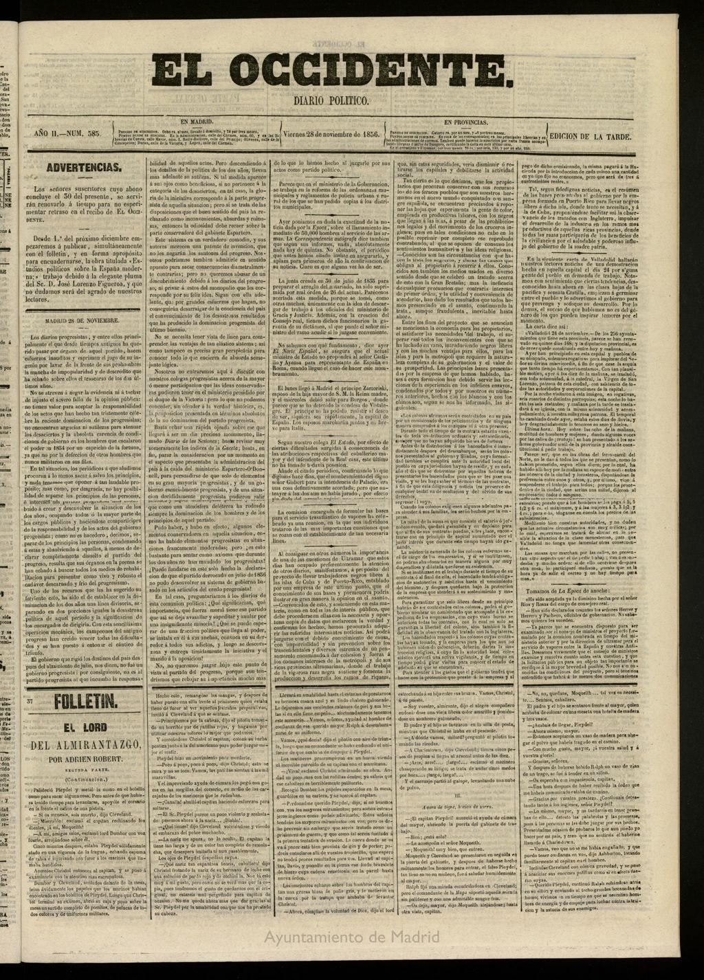 Miniatura de El Occidente: diario político del 28 de noviembre de 1856, nº 585