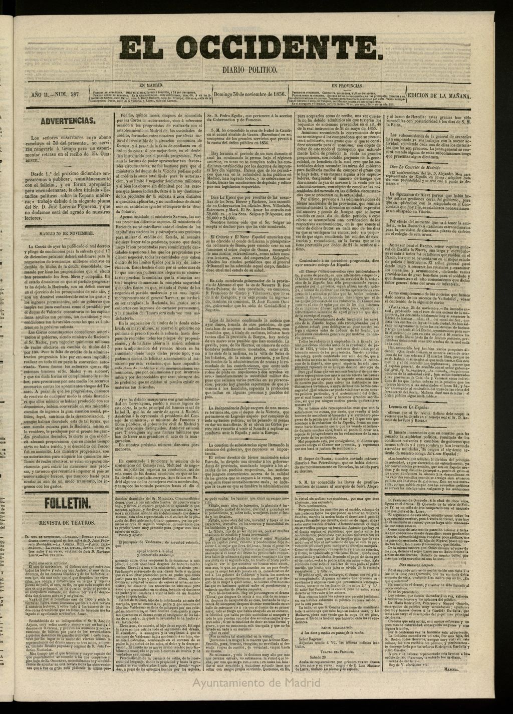 Miniatura de El Occidente: diario político del 30 de noviembre de 1856, nº 587