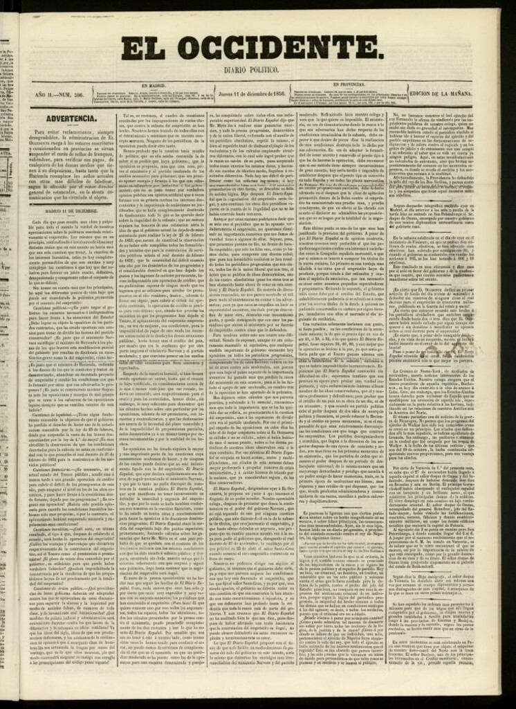 Miniatura de El Occidente: diario político del 11 de diciembre de 1856, nº 596