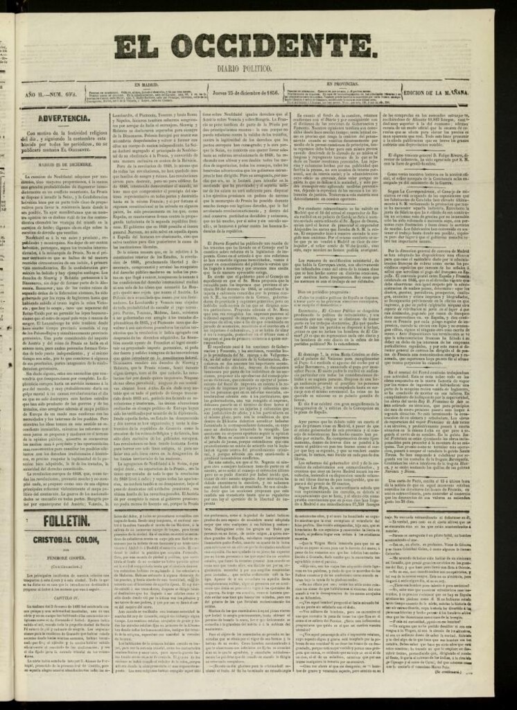 Miniatura de El Occidente: diario político del 25 de diciembre de 1856, nº 608