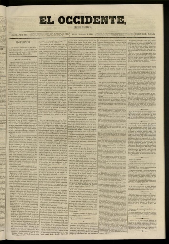 Miniatura de El Occidente: diario político del 2 de febrero de 1856, nº 330