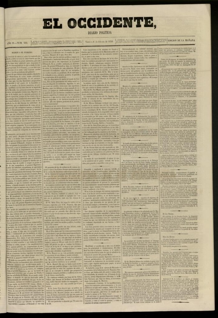 Miniatura de El Occidente: diario político del 8 de febrero de 1856, nº 335