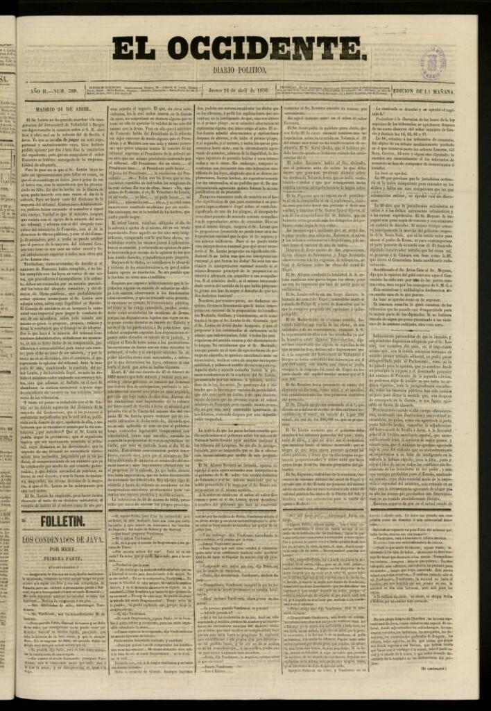 Miniatura de El Occidente: diario político del 24 de abril de 1856, nº 399