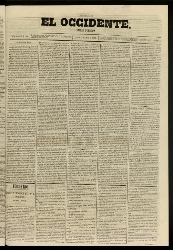 Miniatura de El Occidente: diario político del 25 de abril de 1856, nº 400
